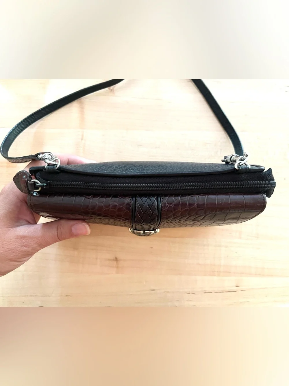 Brighton Nepal Organizer Black and Brown Croc-Textured Crossbody Bag